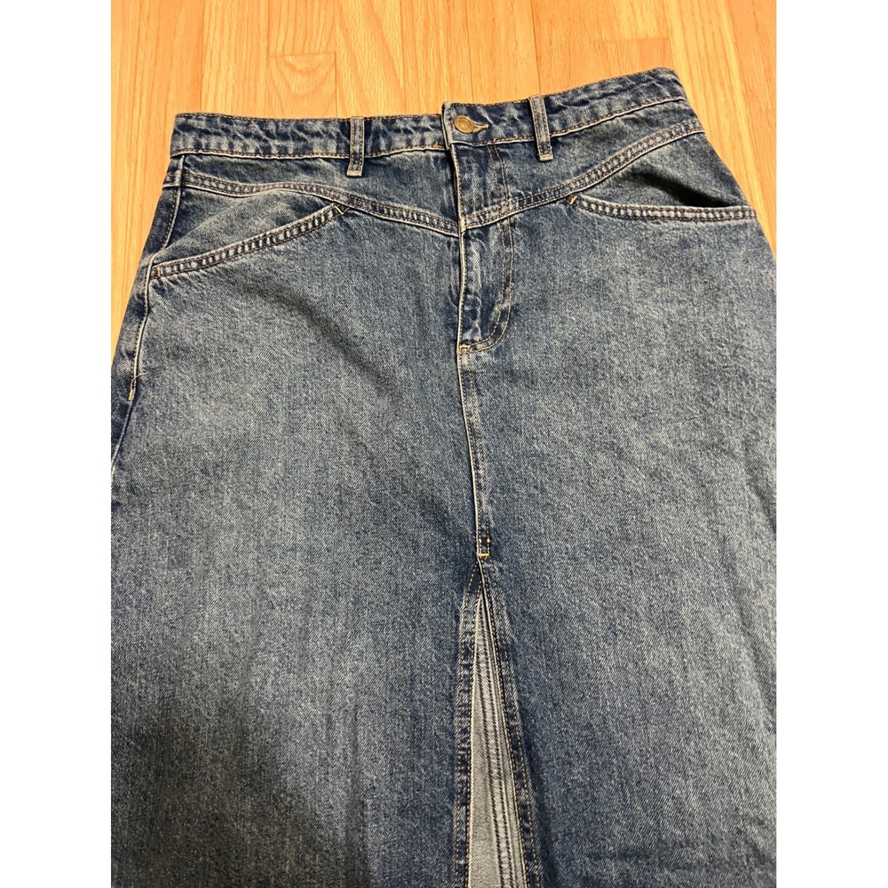 Free People We The Free Denim Maxi Skirt Blue A-Line Front Slit Size 10 - Picture 3 of 8